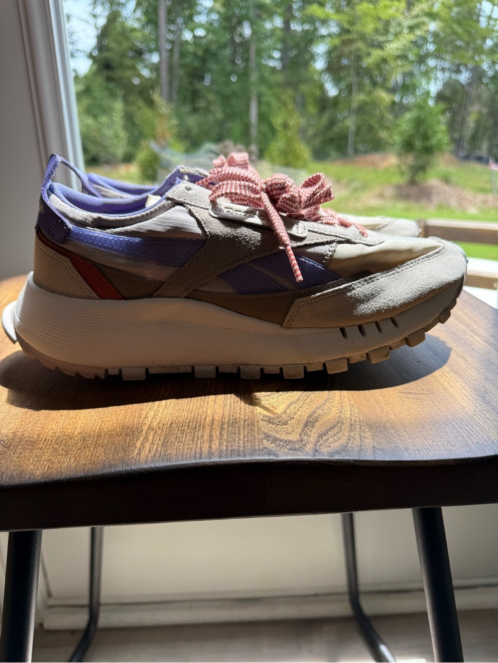 Reebok Beige and Purple Women's Platform Sneaker with Pink Laces